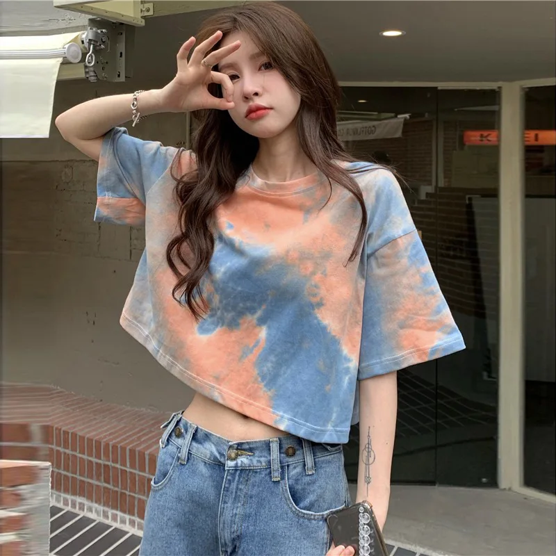 Summer Korean Fashion Y2K T-shirt Woman Japanese Tie-Dye INS Crop Top Women Sexy Vintage Tee Shirt Short Sleeve Clothes