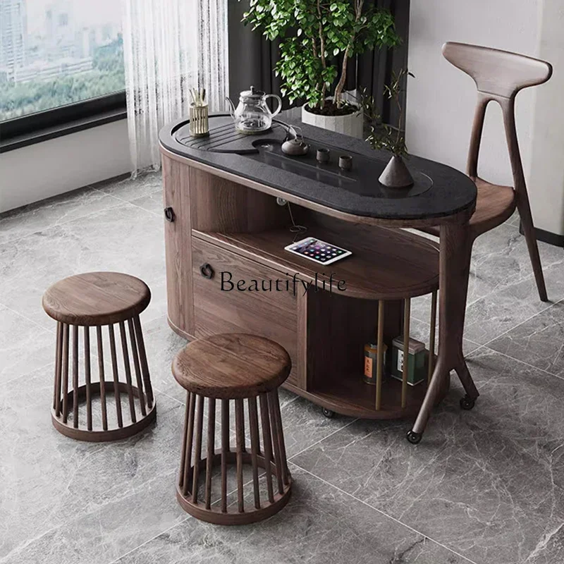 Solid wood movable folding tea table Small apartment household walnut color multi-functional tea table