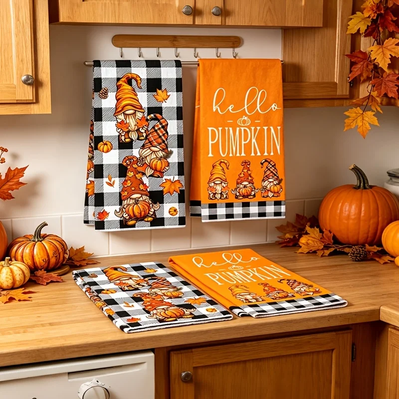 2-Pack fall-themed kitchen towels, whimsical gnome and pumpkin design dishtowels