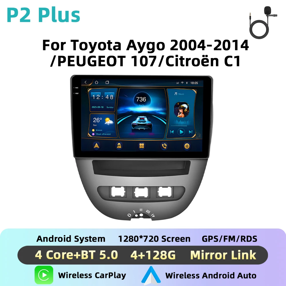 Podofo 10 ''Draadloze CarPlay AI Voice Autoradio Voor Toyota Aygo 2004-2014/PEUGEOT 107/Citroën C1 Android GPS DSP Autoradio FM BT