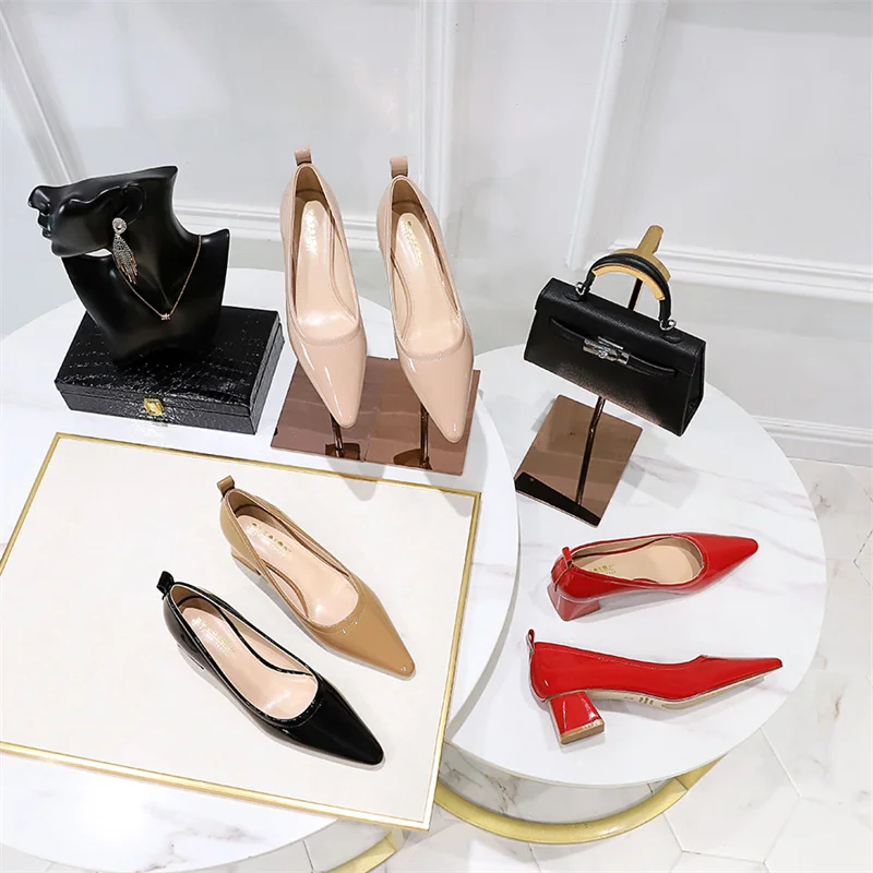 

Women Shallow Mouth Pointed Toe Classic Pumps Wedding Bridal Mid Low Block Heels Glossy Leather Office Nude Party Event Shoes