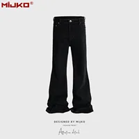 MIJKO-pantalones vaqueros acampanados holgados ligeramente elásticos con cintas para hombre, pantalones vaqueros informales de gran tamaño con corte de pluma de Color negro de calle alta