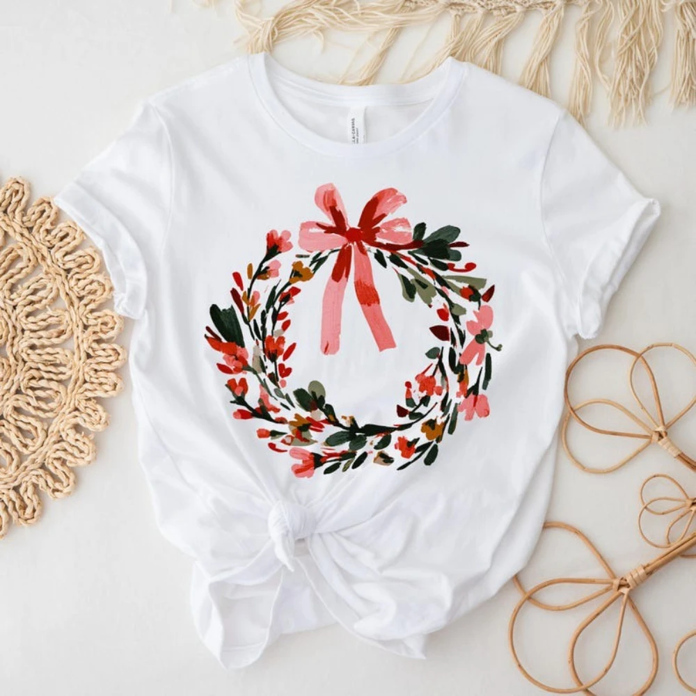 

Винтажный рождественский венок, праздничные футболки с рисунком, уютные рождественские эстетические хлопковые футболки для женщин и мужчин, новогодняя рождественская футболка с короткими рукавами