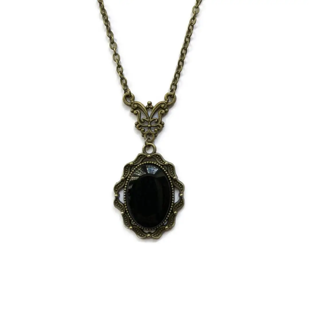 Gothic Victorian Cameo Black Cabochon Glass Pendant Necklace, Romantic Valentine Gift