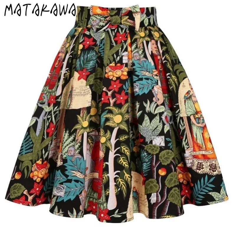 

Matakawa Vintage Print Floral Women Skirts A-line Spring Summer Satin Faldas Mujer French Style Elegant Sweet Mini Skirt