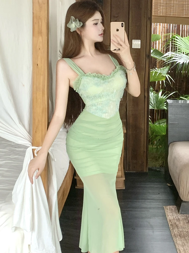 Women Green Mesh Patchwork Lace Jacquard Dress Summer Elegant Square Collar Sling Sexy Dress 2025 Korean Bodycon Ruffled Dresses