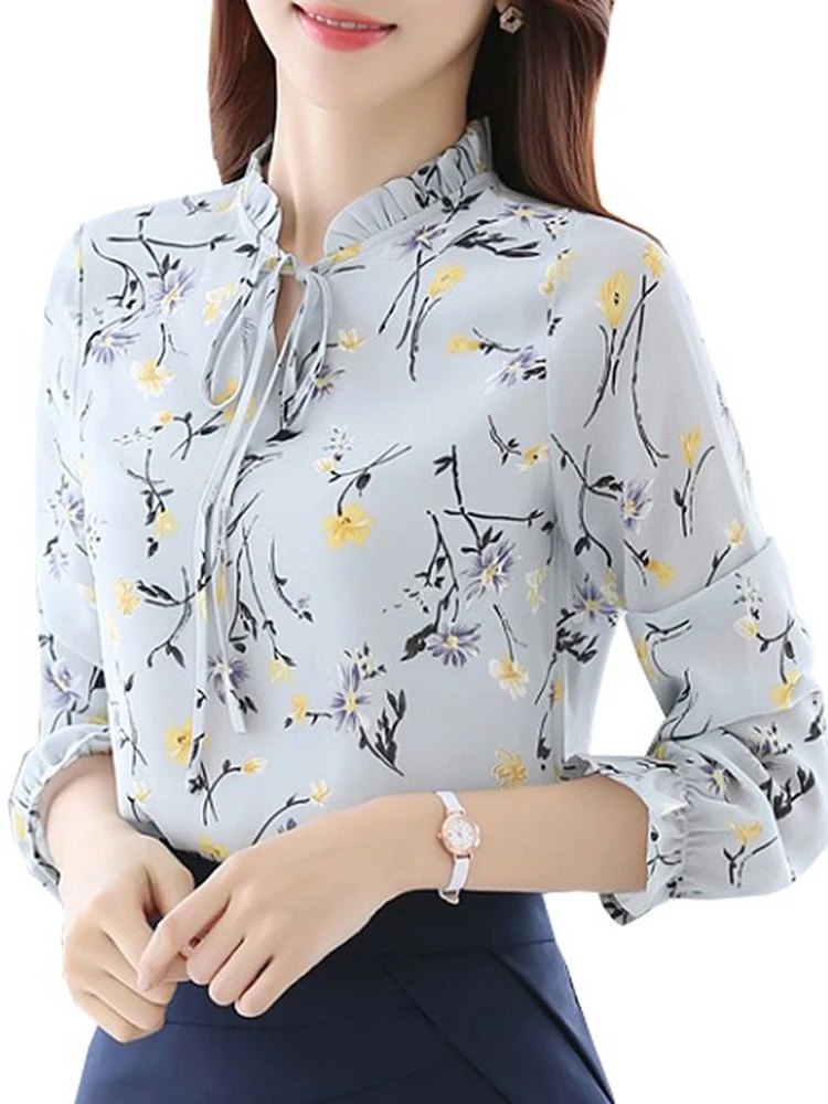 

2022 New Blusas Women Tops Blouses Ladies Chiffon Long Sleeve Floral Shirt Women Slim Camisas Mujer Chemise Femme White Black