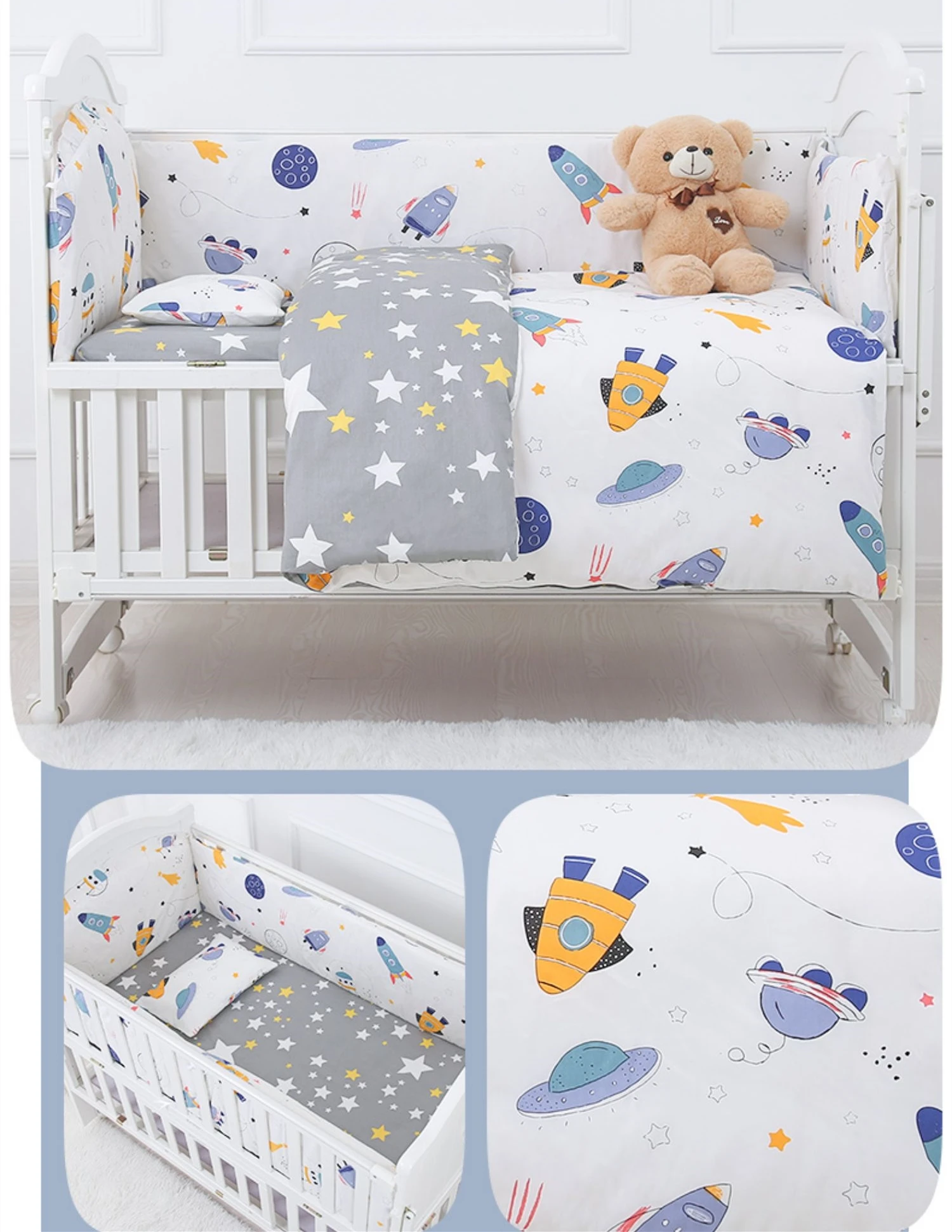 6Pcs Cartoon Baby bedding sets 100% cotton cartoon crib baby bumper parachoques para cuna de bebé (4Bumpers+Sheet+Pillow)