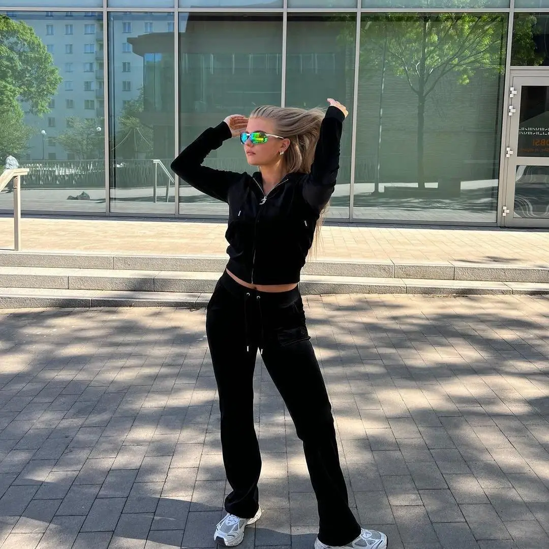 المرأة الجديدة عارضة الذهب المخملية مجموعة المخملية فضفاضة تناسب السراويل منتصف الخصر اللون PVC النسيج منخفضة مفتاح Ele #2