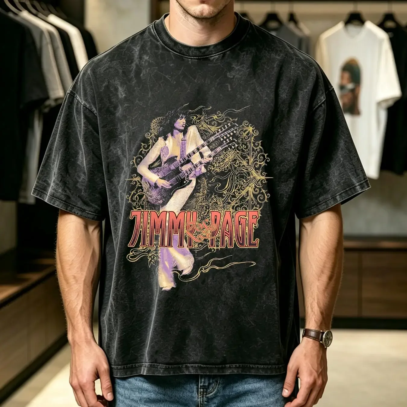 washed T Shirt Vintage Jimmy Page Medium Black Rock Band Psychedelic Trippy Y2K long sleeves vintage Washed fashion Comfortable
