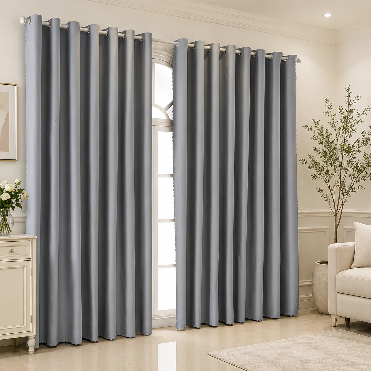 1pc Low-saturation Grey Textured Leaf Jacquard Curtain, Wave Hem, Log Style Soundproof Sun Shade for Bedroom & Study