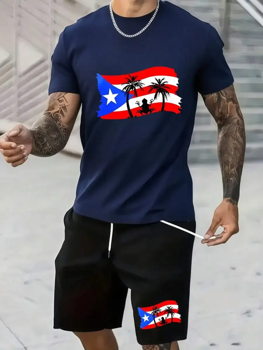 

Puerto Rico Flag With Palm Trees Graphic Tee And Matching Shorts For Summer Beach Outfit