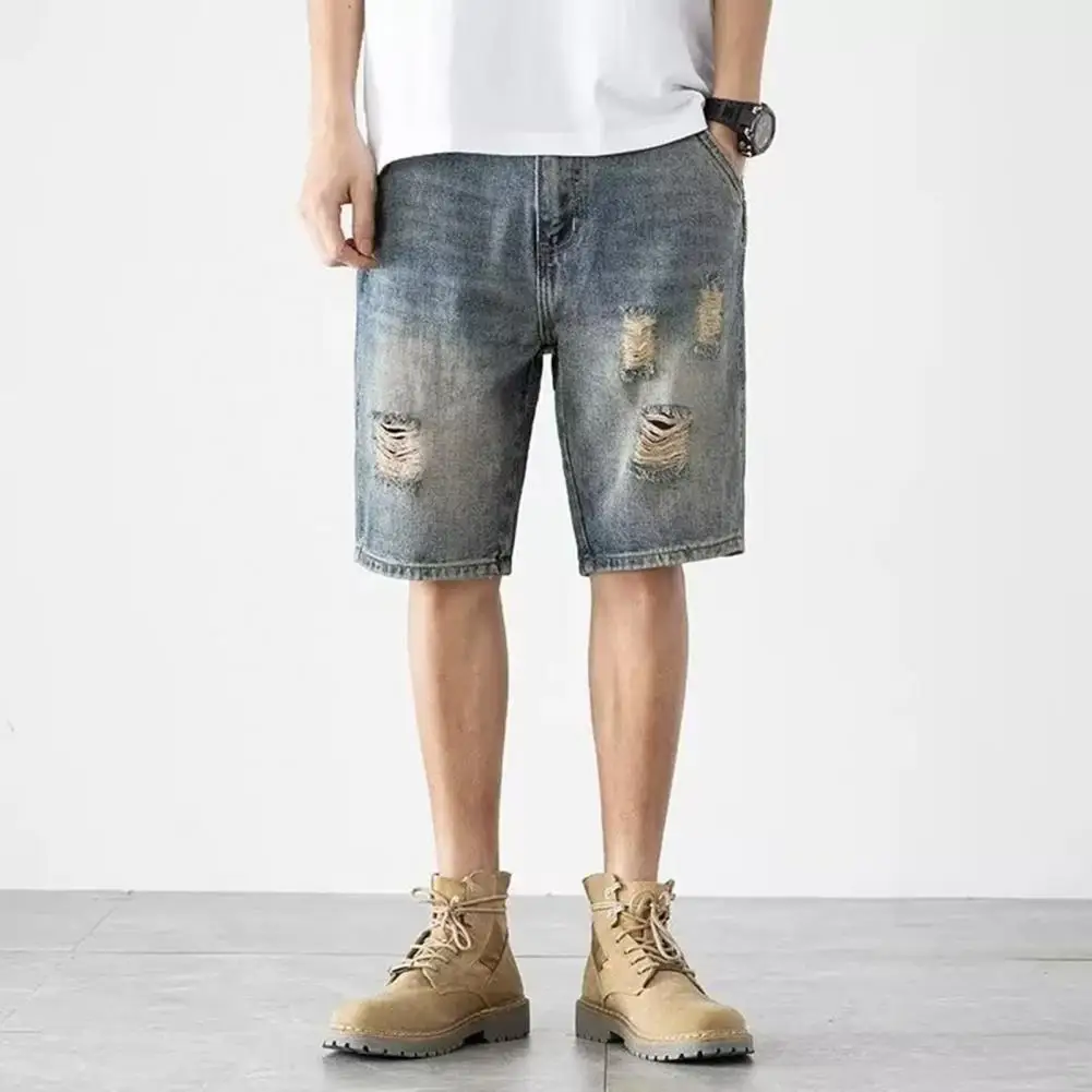 Comfortable Denim Shorts Stylish Men's Denim Shorts Straight Leg Multi Pockets Ripped Holes Design for Casual Fashion Button