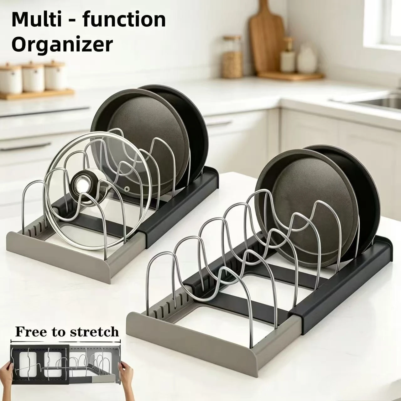 7-grid Telescopic Pot Rack,Pans Organizer,Space-saving Cabinet Holder for Pots,Pans and Lids-Keep Your Kitchen Neat and Tidy