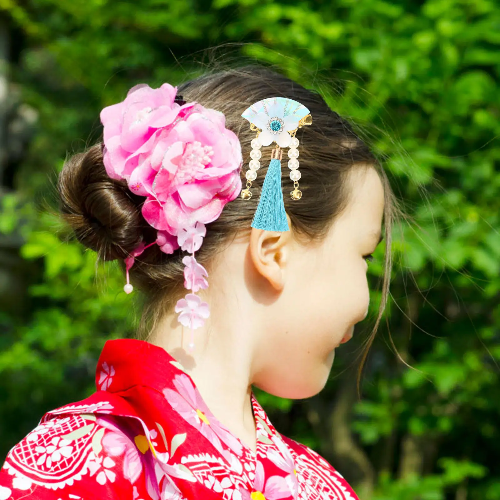 

1Pair Japanese Style Hair Clips Tassel Flower Fan Decorated Hairpin for Ceremony Prom Banquet Everyday Elegance Traditional