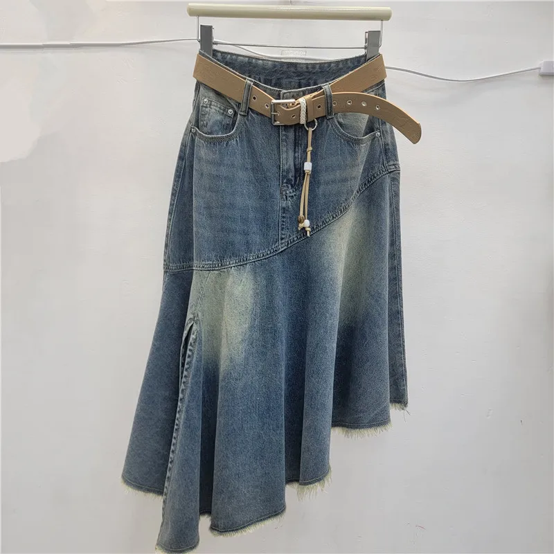 

Джинсовая юбка миди в американском ретро-стиле с высокой талией, утягивающая, асимметричная, для женщин