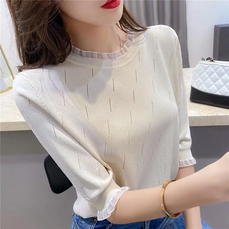 Fashion Hollow Out Spliced Half Sleeve Lace Blouses Female Clothing 2023 Autumn New Loose Solid Color Shirts All-match Blouses