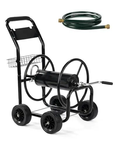300 Ft Garden Hose Reel Cart, Heavy Duty 4 Wheels Water Cart, Green | Holds up to 5/8 Inch hose, storage basket for