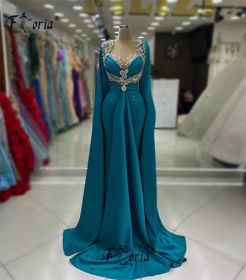 Vestido sereia muçulmano com xale longo para mulheres, Vestido de cristal Dubai para festa de casamento, Vestidos Maxi Formais, Azul Pavão