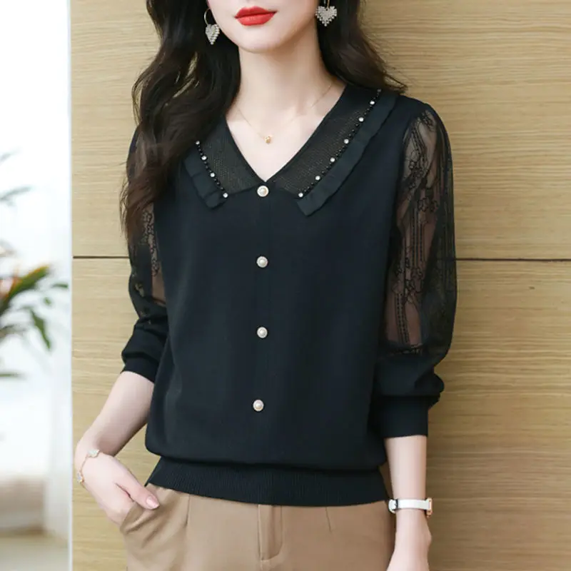 Fashion V-Neck Knitted Spliced Lace Beading Blouses Women's Clothing 2024 Autumn New Loose All-match Tops Office Lady Shirts