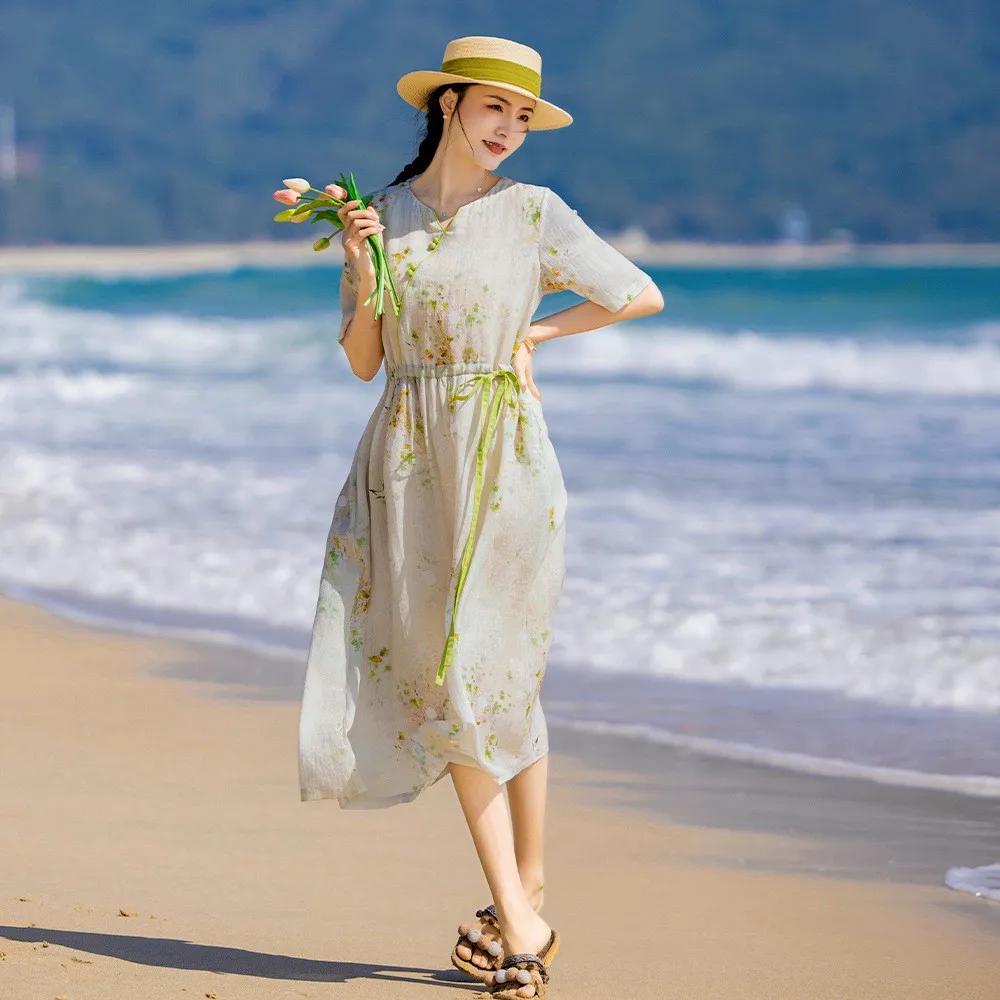 2024 Estate Nuovo Retro A Vita Alta Stampa di Canapa Dr Or Sve Con Cintura Artistica delle Donne Faionable Casual Busin Home Wear