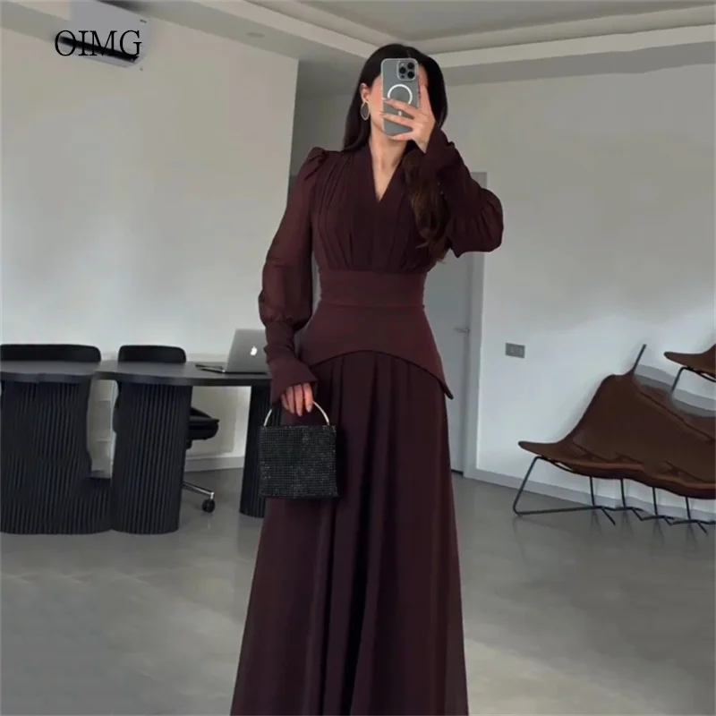 

OIMG Vintage Burgundy V Neck A Line Prom Gowns Chiffon Long Sleeves Eid Party Gown Floor Length Evening Dress Customized