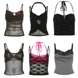 E-girl Gothic Grunge Corset Crop Top Vintage Women Lace Trim Black Cami Top Harajuku Retro Mini Vest Punk Style Emo Alt Clothes