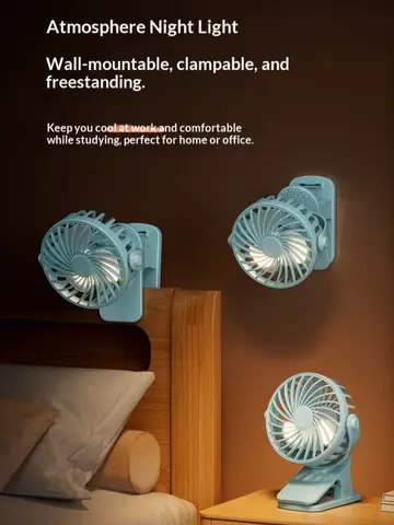 HOMEFISH Portable Rechargeable Clip Fan 720° Rotatable Hanging Fan with Night Light Air Cooler for Outdoor Camping Ventilador