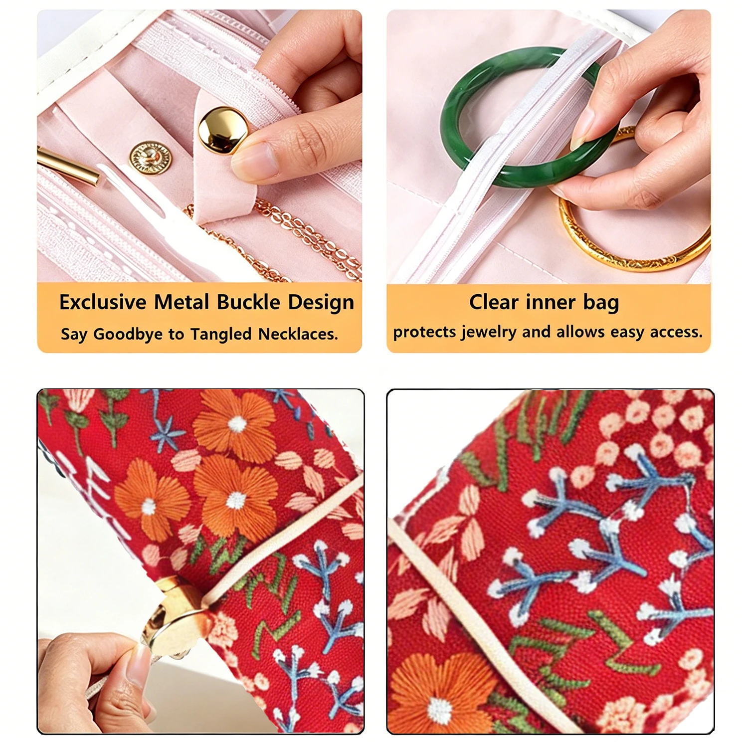 Red Floral Embroidered Roll-Up Jewelry Organizer, Anti-Tangle Travel Jewelry Roll for Necklaces Bracelets Rings Earrings