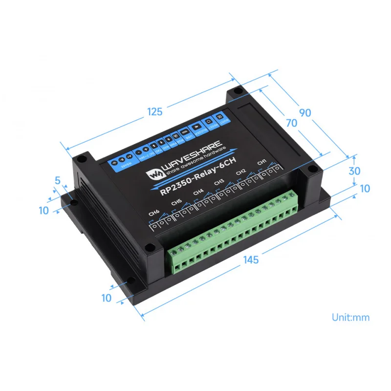 SKU-31790 Waveshare Industrial 6-Channel RP2350 Relay Module, Onboard RS485 / Pico HAT interfaces, With Multiple Isolation Prote