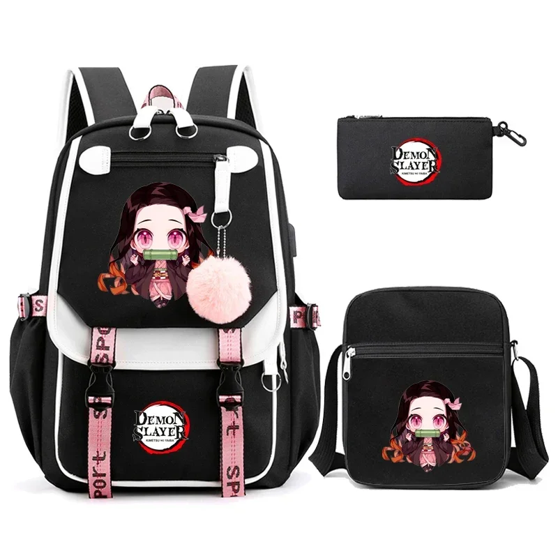 3Pcs/set Demon Slayer Kamado Nezuko Backpacks for Girls Anime School Bag Teenager Student Canvas Laptop Back Pack Women Rucksack