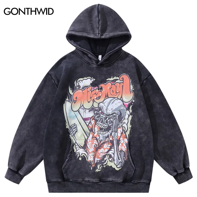 

Vintage Black Hoodie Hip Hop Funny Skull Skeleton Graphic Print Washed Sweatshirt Streetwear Men Harajuku Hooded Pullover 420GSM