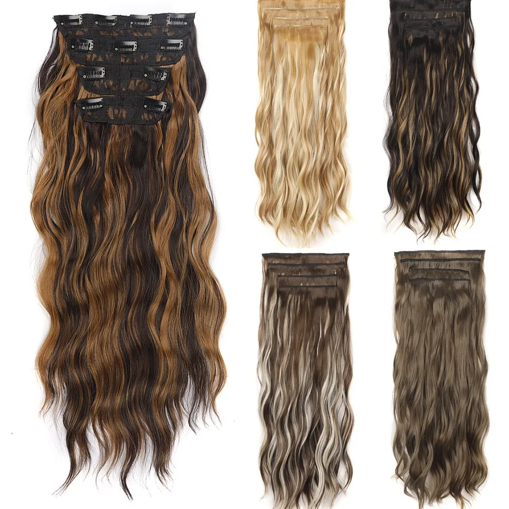 Synthetic Wavy Long Hair Extension Set for Women Clip in Volumizing Hairpieces Water Wave Curly Wig Four Pieces Anime Cosplay