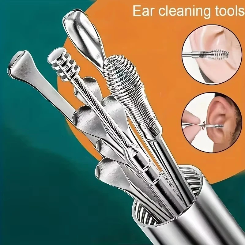 6pcs Stainless Steel Ear Wax Removal Tool Set Spiral Rotating EarPicking Spoon Ear Picker Spoon For Cleaning Collecting Ear Wax