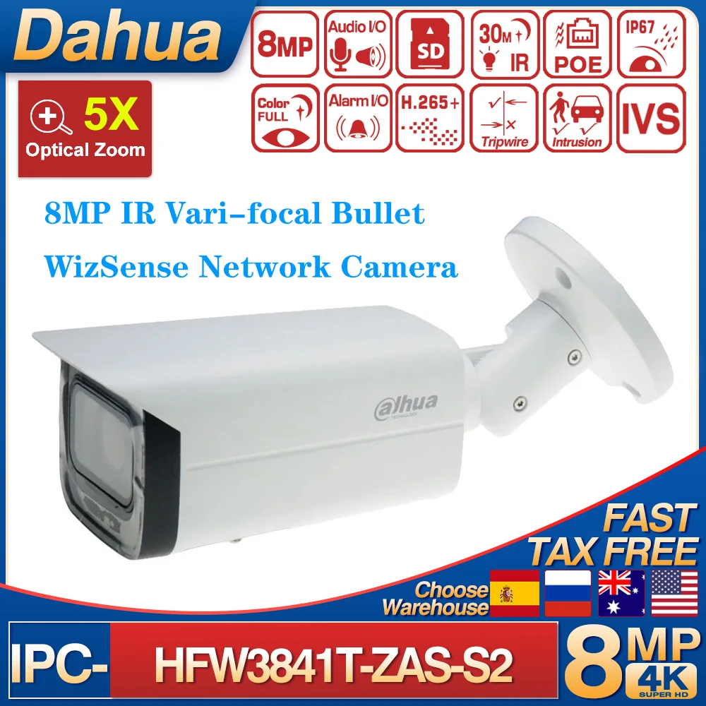 Dahua 4K 8MP IPC-HFW3841T-ZAS-S2 IP Camera IR 60M IP67 5X Zoom Motorized 2.7–13.5MM Bullet  POE SD Card Slot 2-Way Audio Alarm