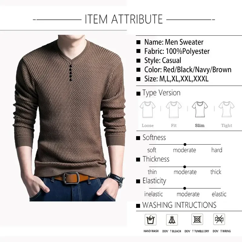 TFETTERS 2024 Men Sweater Casual V-Neck Pullover Men Spring Autumn Slim Sweaters Long Sleeve Mens Sweater Knitted Shirt Homme