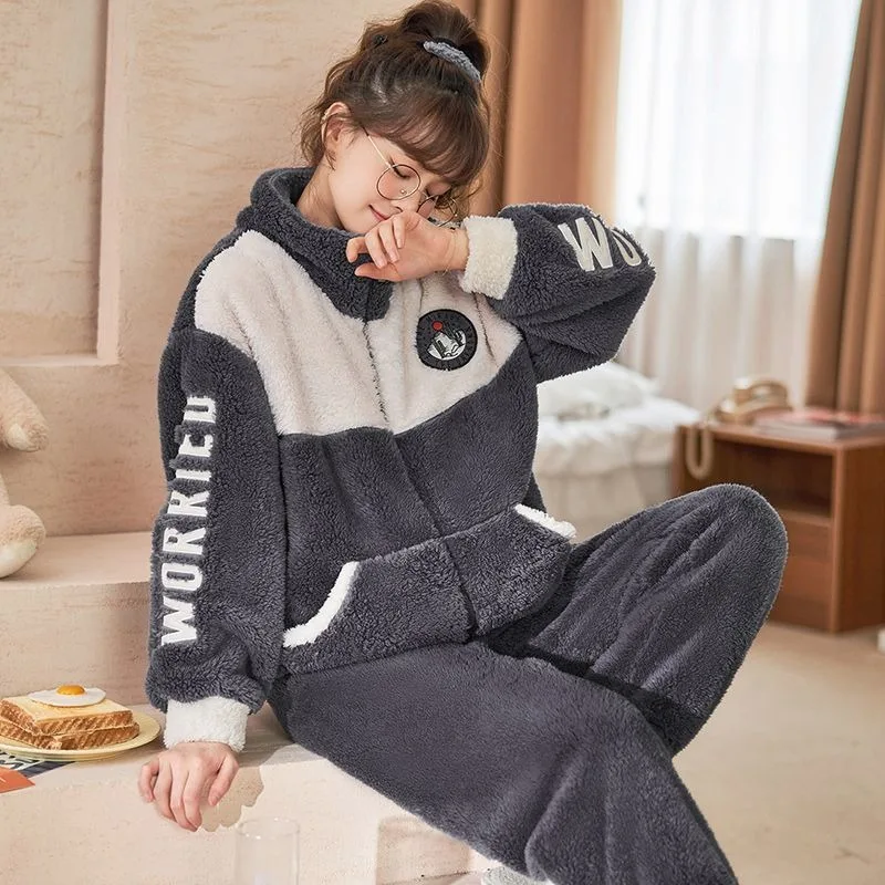 2023 Latest Flannel Pajamas Women's Velvet Thickened Coral Velvet Sleepwear Autumn Winter Loose Homewear Casual Loungewear