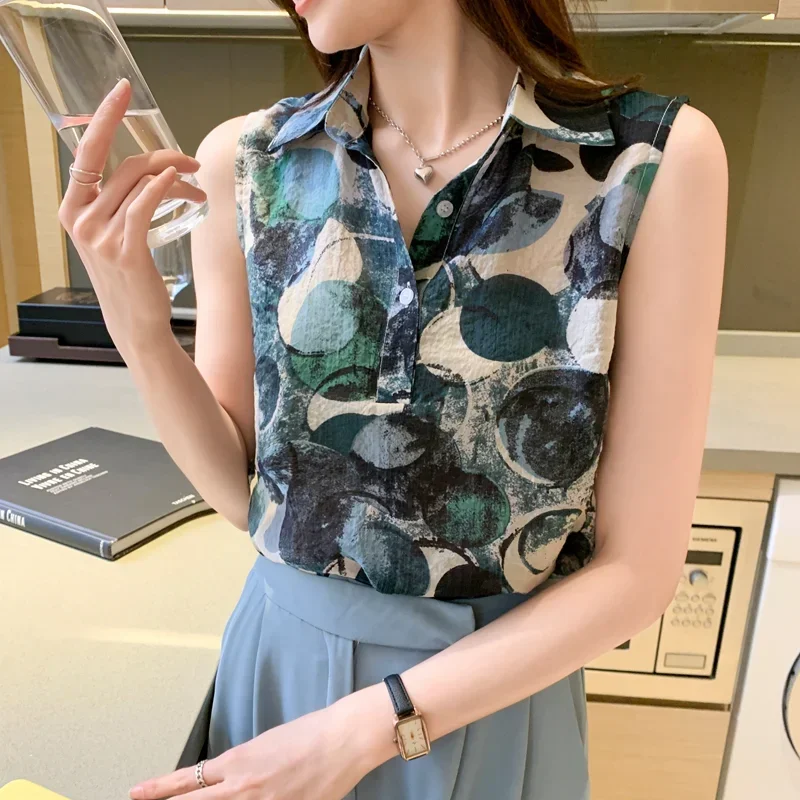 Chiffon Tops Clothes Office Lady Turn Down Collar Floral Print Blouse Summer Tank Top Women Shirts Fashion Blusa Mujer 25370