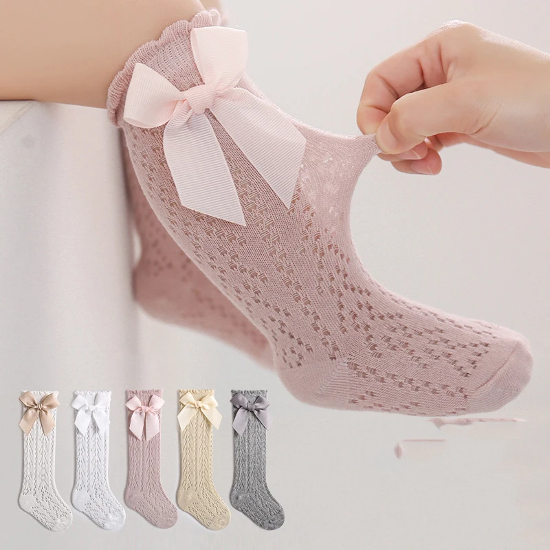 Summer Baby Girls Socks Toddler Bow Long Sock Kids Knee High Soft Cotton Mesh Stocking Spanish Style Hollow Out Lace Socks 0-3Y