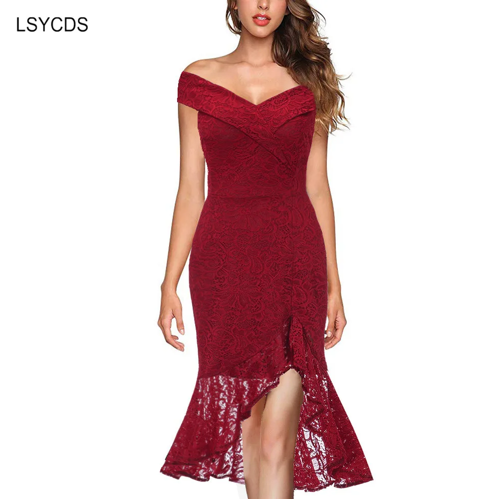 LSYCDS Elegant Party Dress Bodycon Midi V Neck Sexy Casual Women Off Shoulder Vintage Mermaid Lace Sheath Women Dress