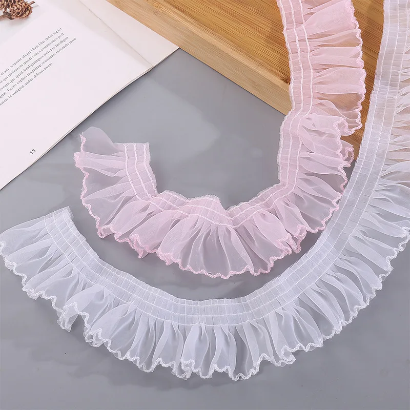 5CM wide white black organza 3d wrinkled pleated lace fabric embroidered fringed ribbon wedding dress collar ruffle trim sewing