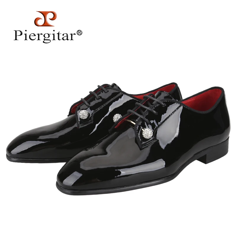 Piergitar Black Patent Calf Leather Derby Shoes With Silver Crystals Collar Pin Elegant Style Men's Lace-Up Formal Shoe Red Sole