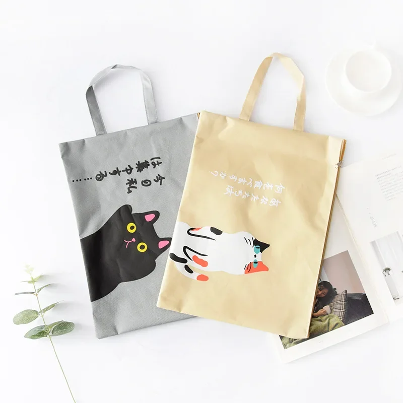 A4 Canvas Document Bag Lovely Cat Zipper File Bag Large Capacity Durable File Pouch Reticule for School Business