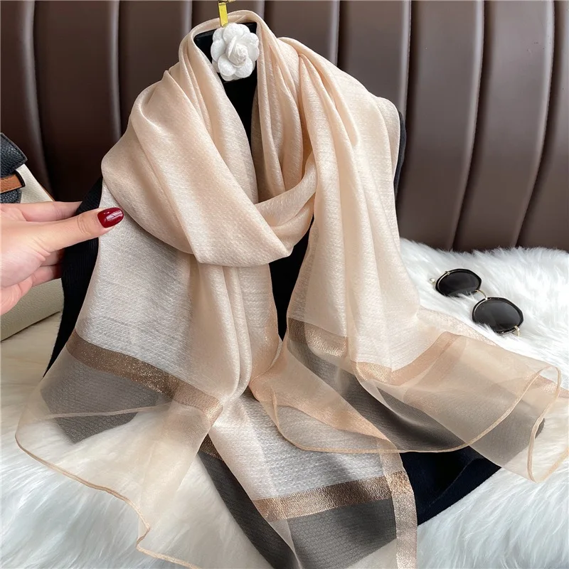 

Plain Lurex 100% Organza Silk Feeling Scarf for Women 190x75cm Thin Shawl Wrap Luxury Female Hijab Headband Foulard Beach Stoles
