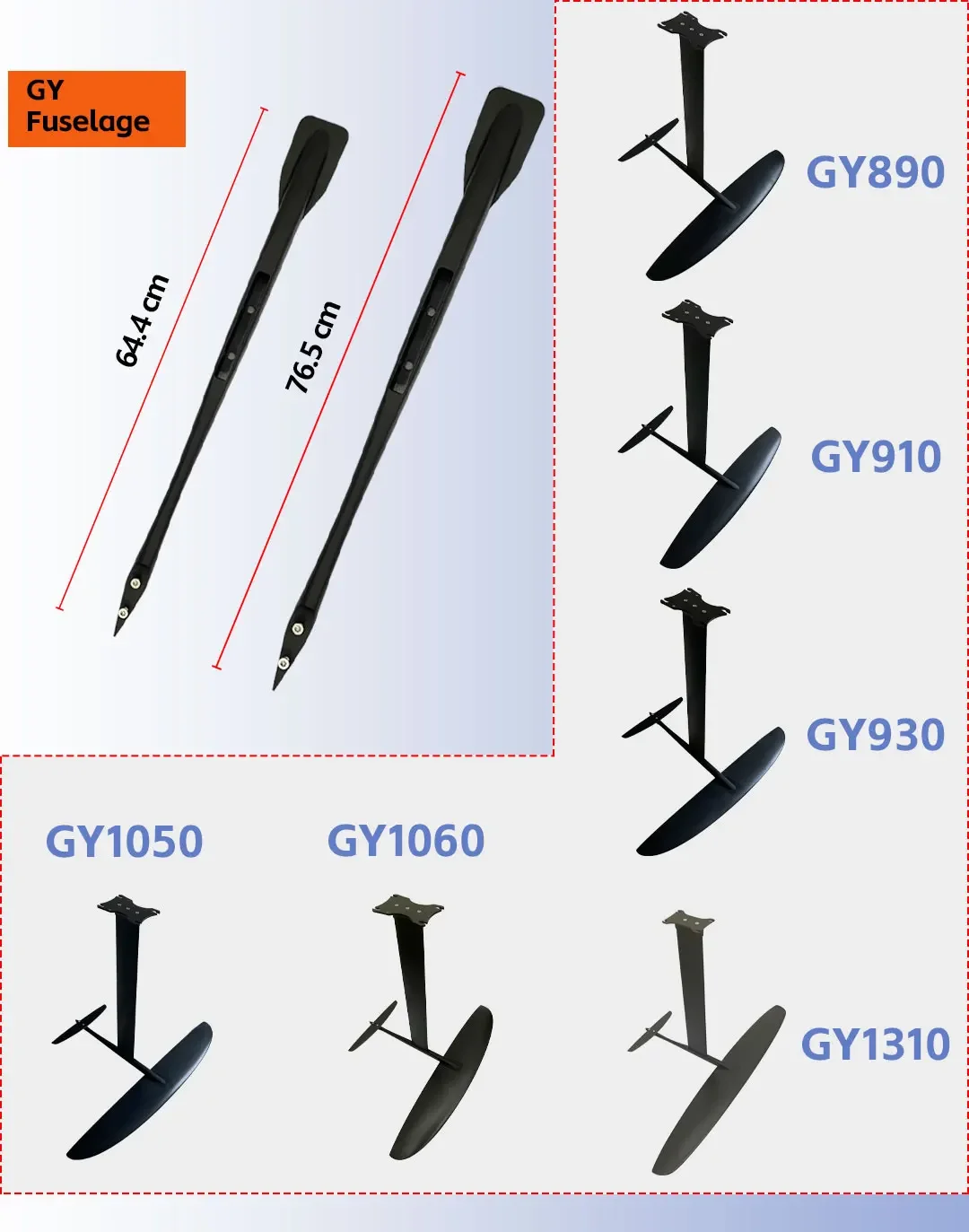 GY Series Carbon Fiber Hydrofoil Accessories 64.4-76.5cm Fuselage 6061T6 Aluminum Alloy High Strength Light Weight Surfing