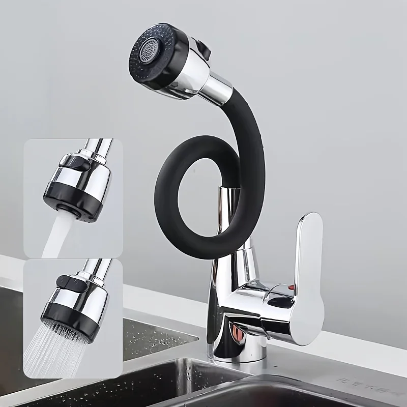 360° Rotating Flexible Kitchen Faucet - Single Handle Hot & Cold Mixer, Polished Chrome Finish, Valve Core & Deck Installation