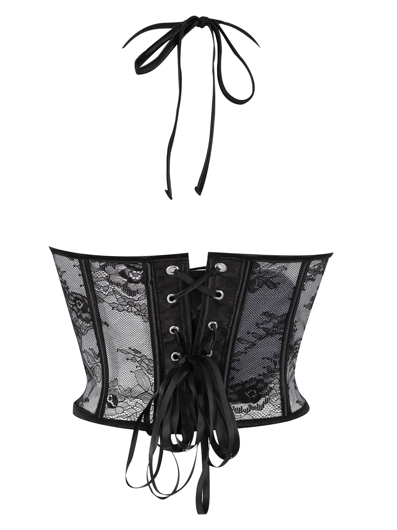 Women Coquette Vintage Floral Sheer Mesh Lace Corset Top Spaghetti Strap Boned Bustier Pointed Hem For Club Party Daily Wear