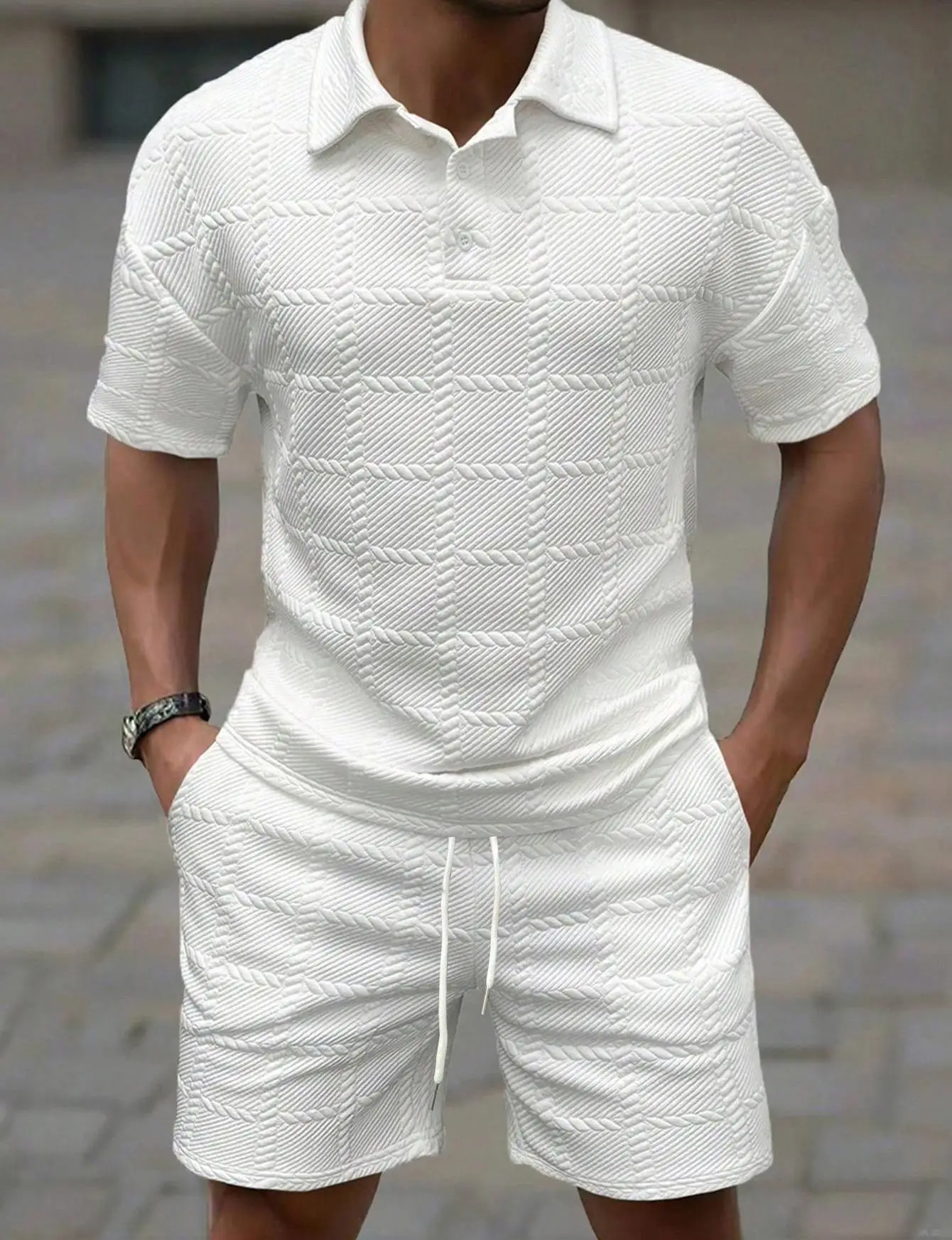 Conjuntos de Dos Piezas Casuales de Verano 2026 para Hombre, Tops de Manga Corta con Cuello Polo Vintage y Pantalones Cortos, Conjuntos de Moda para Hombre, Atuendos con Textura a Cuadros