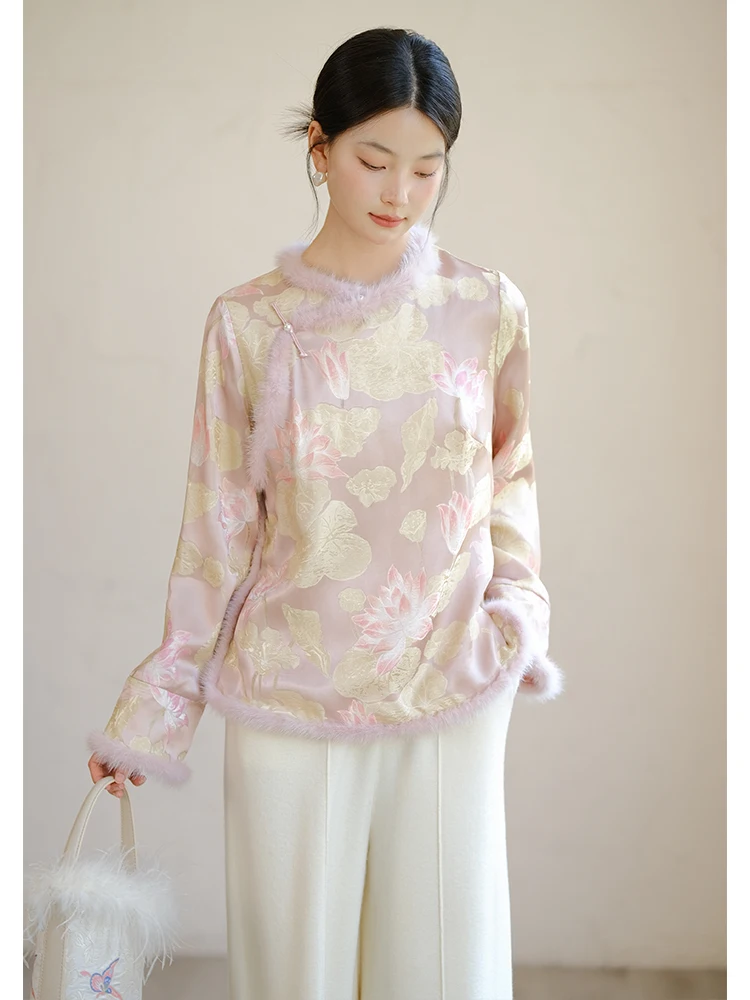 

Новая женская традиционная китайская блузка-танчун 2025 года с атласным верхом и подкладкой из меха норки, универсальная, в горных цветах