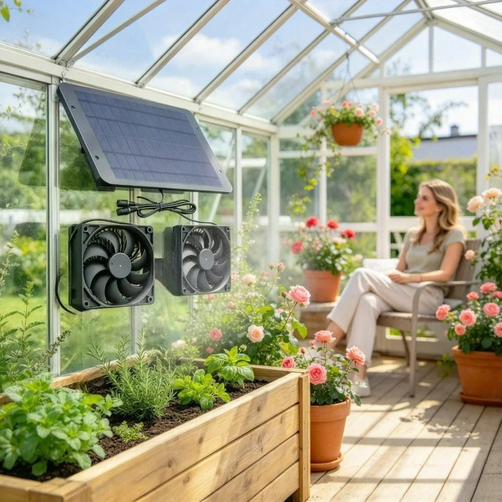 Outdoor IP65 Waterproof 15W Solar Double Fan Solar Powered Air Circulation Cooler for Chicken Coop Dog Kennel Greenhouse RV